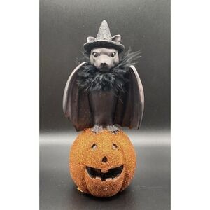 Vintage 90s Halloween Bat Standing on Pumpkin Glitter Fur Primitive Folk Art